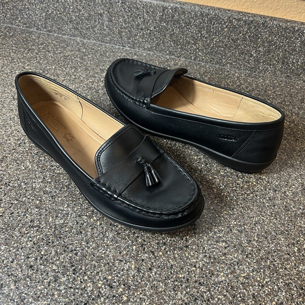 Hotter Women's Size 11 Comfort Casual Classic Black Leather Flats Slip On Loafer